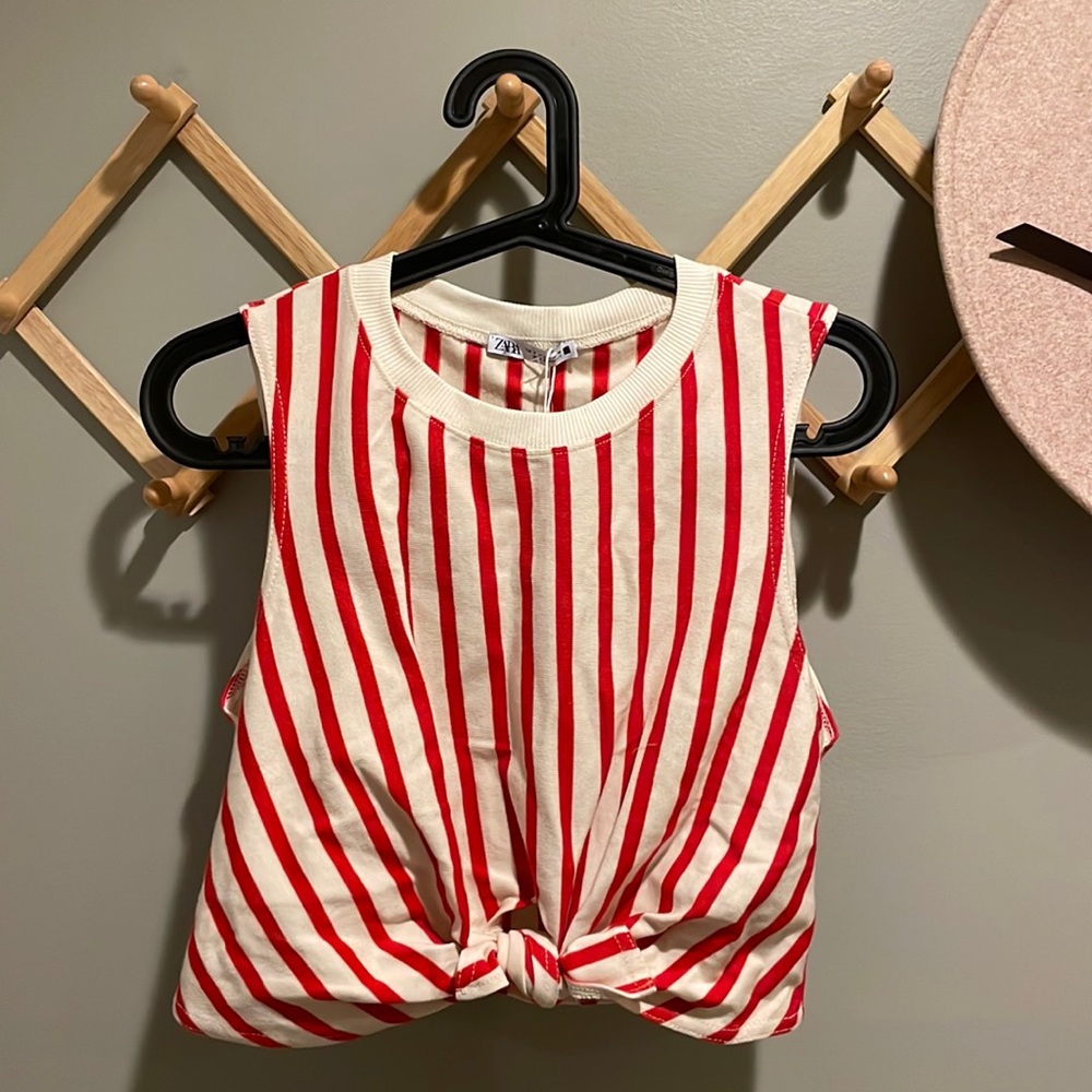 Zara red and white striped tank with tie front NWOT